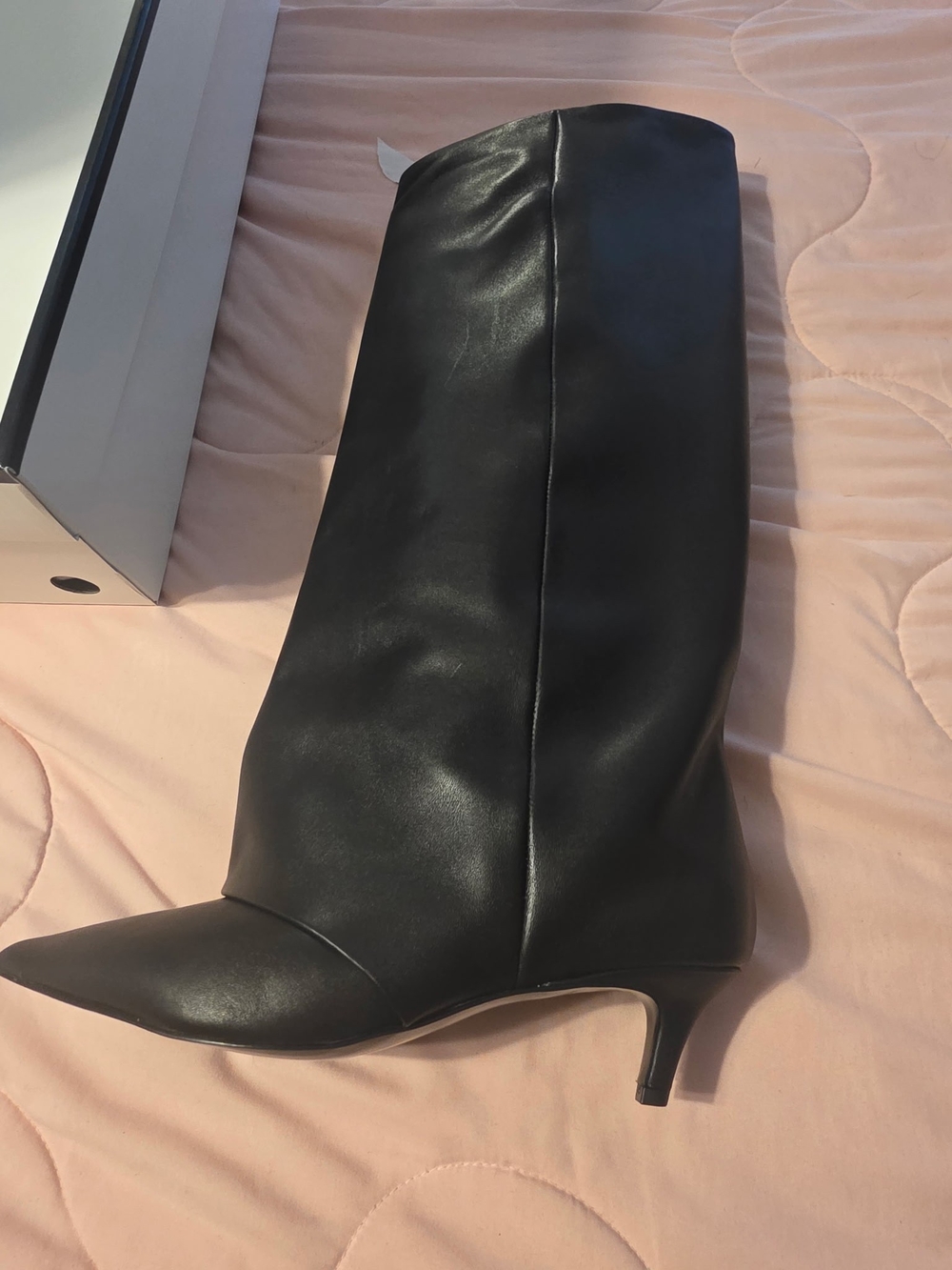 Steve Madden Black Leather Pointed-Toe Knee Boot with Low Kitten Heel